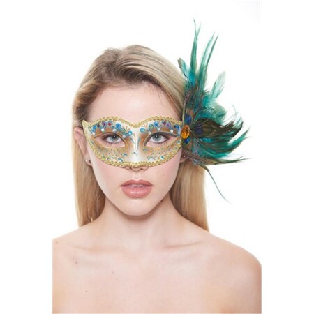 Perfectpretend Carnival Plastic Masquerade Mask with Feathers, Gold & Green - One Size PE2606823